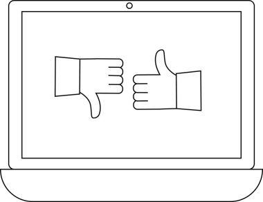 Bir dizüstü bilgisayar ekranı olumlu ve olumsuz geri bildirim ya da görüşleri temsil eden bir başparmağı yukarı kaldırır ve aşağı simgeyi parmakla gösterir.