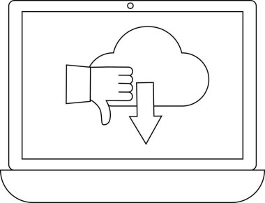 Bir bulut depolama simgesini başparmakları aşağı ve aşağı doğru ok ile gösteren bir dizüstü bilgisayar, indirme hatası veya bulut servislerinin onaylanmamasını simgeler.