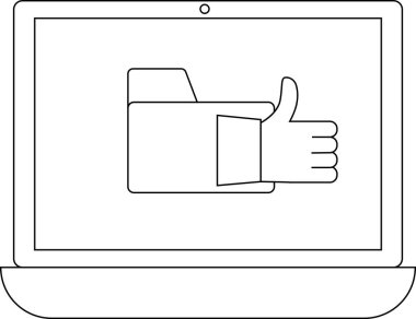 Bir dizüstü bilgisayar ekranı, dijital dosyalar için onay veya olumlu geri bildirim öneren, başparmak işareti içeren bir dizin simgesi gösterir.
