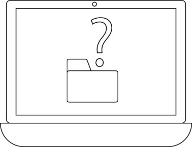 Dizüstü bilgisayar ekranı, dosya konumu veya veri erişimi hakkındaki belirsizliği sembolize eden bir dizin simgesinin üzerindeki soru işaretini gösterir.