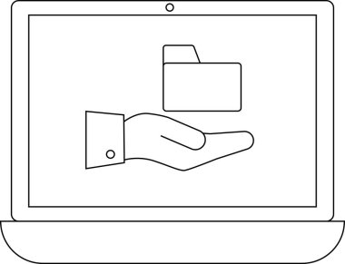 Dizüstü bilgisayar ekranında, minimalist bir dizaynda veri paylaşımını, dosya transferini veya dijital yardımı sembolize eden bir dizin simgesi sunan bir el gösterilir..