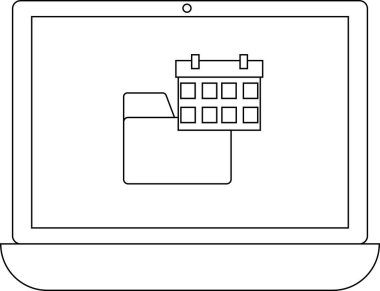 Bir takvim ve dizin simgesini gösteren bir dizüstü bilgisayar, program yönetimi ve etkinliklerin ve görevlerin düzenlenmesini temsil eder.