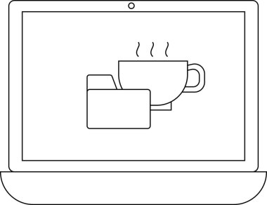 Buharda pişen bir kahve fincanının yanında dizüstü bilgisayarın resim çizimi, çalışmayı ve rahatlamayı simgeliyor..