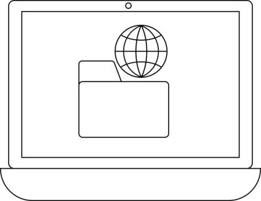 Bir dizinin üzerinde bir dünya simgesini gösteren bir dizüstü bilgisayar, dijital çağda internet verilerini, ağ oluşturma ve küresel bilgi erişimini temsil ediyor.
