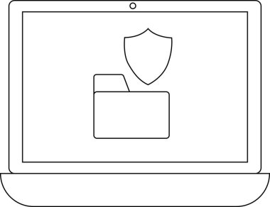 Kalkan tarafından korunan bir dizin simgesini gösteren basit bir dizüstü bilgisayar çizimi, veri güvenliğini ve mahremiyeti simgeliyor..