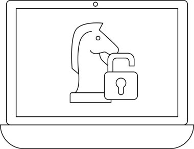 Kilidi açık bir asma kilide sahip Truva atı simgesini gösteren bir dizüstü bilgisayar ekranı siber güvenlik hassasiyetini ve veri sızıntısını simgeliyor..