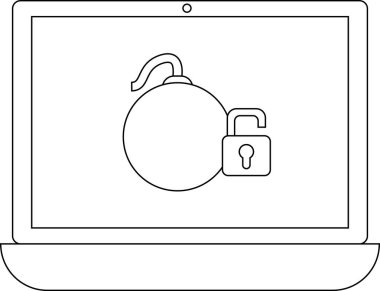 Bir dizüstü bilgisayar ekranında bir bomba ve kilitlenmemiş bir asma kilit, bilgisayar sistemlerindeki güvenlik tehdidini ya da kırılganlığı simgeliyor..