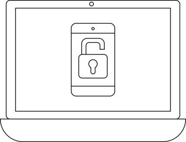 Modern bir cihazda güvenlik, teknoloji ve dijital erişimi sembolize eden, kilidi açık bir asma kilide sahip akıllı telefon simgesini gösteren bir dizüstü bilgisayar..