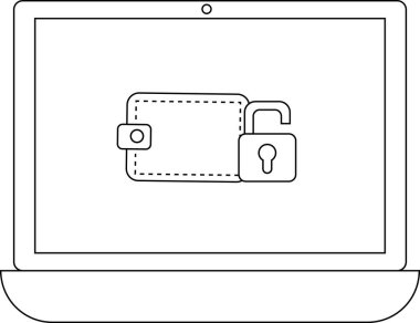 Açık asma kilidin yanında cüzdan simgesini gösteren bir dizüstü bilgisayar, güvenli çevrimiçi işlemleri ve dijital finansal güvenliği simgeliyor.