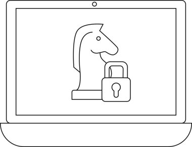 Bir dizüstü bilgisayar ekranında asma kilidin yanında bir satranç şövalyesi taşını gösteriyor, teknolojideki güvenliği veya stratejiyi simgeliyor..