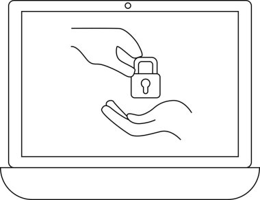 İki eli gösteren bir dizüstü bilgisayar görüntüsü. Biri diğerine asma kilit veriyor. Güvenlik ve veri korumasını simgeliyor..