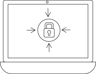 Oklarla çevrili, veri koruması ve siber güvenliği simgeleyen asma kilit simgesini gösteren bir dizüstü bilgisayar. Çevrimiçi güvenlik ve mahremiyet için ideal.