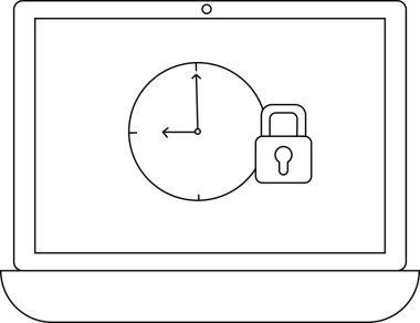 Zaman tabanlı güvenlik, erişim kontrolü ve dijital korumayı sembolize eden saat ve asma kilidi gösteren bir dizüstü bilgisayar. Siber güvenlik, zaman yönetimi ve veri koruma kavramlarını resmetmek için ideal.