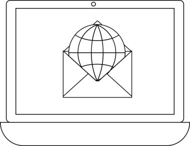 Bir dizüstü bilgisayar ekranında küresel iletişimi, uluslararası yazışmaları ve dijital bağlantıyı minimalist çizgi sanat tarzında temsil eden bir zarf içine yerleştirilmiş bir küre görüntülenir..
