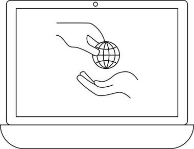 Bir dizüstü bilgisayar ekranı iki el gösteriyor, biri diğerine bir küre veriyor, küresel işbirliği, teknoloji ve bağlantıyı sembolize ediyor.