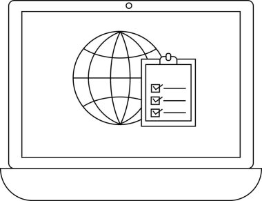 Bir dünya ve kontrol listesi simgesini gösteren, çevrimiçi anketleri, küresel erişimi ve dijital veri toplamayı sembolize eden bir dizüstü bilgisayar.