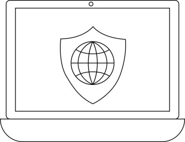 Bir dizüstü bilgisayarın basit bir çizimi içinde bir dünya olan bir kalkanı gösteriyor, internet güvenliği ve korumasını temsil ediyor..