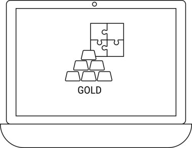 Bir dizüstü bilgisayar ekranında yukarıdaki bulmaca parçalarıyla istiflenmiş altın külçeleri, iş dünyasındaki veya finans alanındaki sorun çözme ve stratejik düşünceyi simgeliyor.