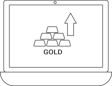 Bir dizüstü bilgisayar ekranında, altın külçeleri altın piyasasındaki büyümeyi ve finansal başarıyı sembolize eden yukarı doğru ok ile istiflenmiş olarak gösteriliyor..
