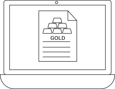 Bir dizüstü bilgisayar ekranında altın külçeli bir belge sergileniyor, finansal yatırımı ve zenginlik yönetimini basit bir çizgi sanat tarzında temsil ediyor.
