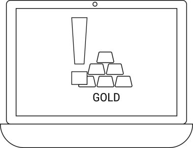 Bir dizüstü bilgisayar ekranında, altında altın sözcüğü olan bir yığın altın külçe ve yanında bir ünlem işareti yer alıyor. Bu da bir uyarı veya önemli bir bilgi olduğunu gösteriyor..