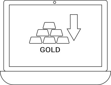 Bir dizüstü bilgisayar ekranında, altın fiyatları veya yatırım değerindeki düşüşü sembolize eden aşağı doğru ok ile altın külçeleri gösteriliyor. Basit satır sanatı.
