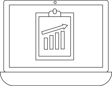 Bir dizüstü bilgisayar ekranında iş büyümesini ve başarıyı sembolize eden çubuk grafik ve yukarı doğru ok ile bir pano gösterilir.