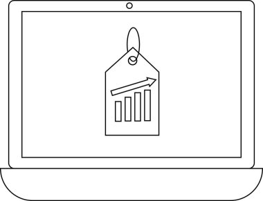 Bir dizüstü bilgisayar ekranı, artan maliyetleri veya yatırım büyümesini sembolize eden, çubuk grafik ve yukarı doğru ok ile bir fiyat etiketi simgesi gösterir.