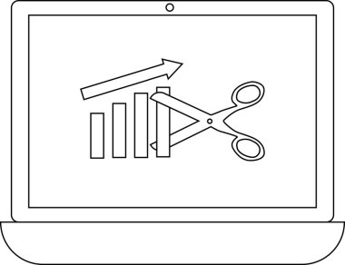 Bir dizüstü bilgisayar ekranı yukarı doğru ok ile bir grafik gösterir, ama makas grafiği keser, maliyet azaltma veya bütçe kesintilerini sembolize eder.