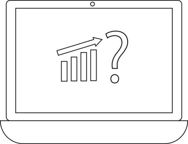 Bir dizüstü bilgisayar ekranı yukarı doğru giden bir grafik gösterir, ardından bir soru işareti, gelecekteki büyümeyle ilgili belirsizliği veya soruşturmayı simgeler.