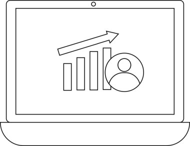 Bir dizüstü bilgisayar ekranı, bir kullanıcı simgesi ile birlikte büyümeyi gösteren yukarı bakan bir ok ile bir çubuk grafiği gösterir, kullanıcı büyümesi veya performans artışı önerir.