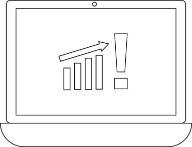 Bir dizüstü bilgisayar ekranında yukarı doğru eğilimli bir çubuk grafik ve büyüme ve potansiyel sorunları gösteren bir ünlem işareti gösterilir.