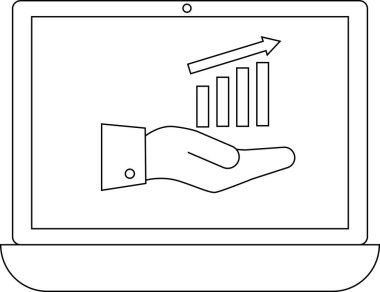 Bir dizüstü bilgisayar ekranında, iş başarısını ve finansal büyümeyi sembolize eden, yükselen bir okla büyüme grafiğini tutan bir el görülüyor..
