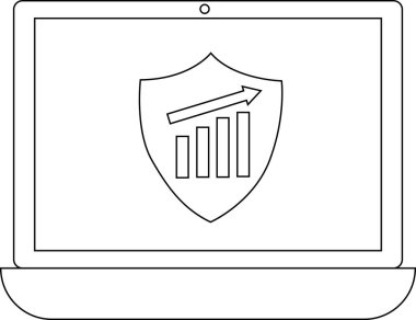 Kalkanı büyüme grafiğiyle gösteren bir dizüstü bilgisayar, teknoloji ve iş dünyasındaki gelişmeyi ve güvenliği simgeliyor..