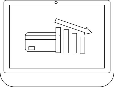 Bir dizüstü bilgisayar ekranında azalan bir çubuk grafiği ve aşağı doğru ok ile birlikte bir kredi kartı simgesi gösterilir, bu da azalan online satışları veya finansal kayıpları sembolize eder.