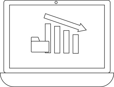 Bir dizüstü bilgisayar ekranı, veri veya performanstaki düşüşü veya kaybı sembolize eden, aşağıya bakan ok ile bir çubuk grafiği gösterir..