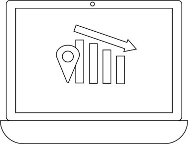 Bir konum iğnesi ve azalan bir grafik gösteren dizüstü bilgisayar ekranı, negatif konum temelli veri veya eğilimleri sembolize eder.