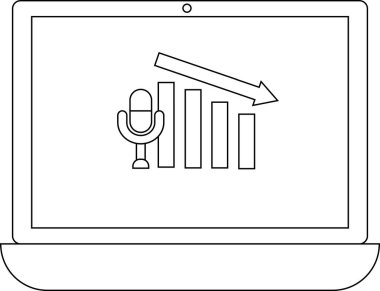 Bir mikrofon simgesini gösteren ve aşağı doğru ok ile sinyal çubuklarını azaltan dizüstü bilgisayar ekranı, ses veya sinyal sorunlarını gösterir.