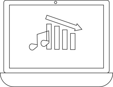 Bir dizüstü bilgisayar, müzik satışlarında veya popülerlikte bir düşüş olduğunu gösteren bir nota ve aşağı yönlü bir trend grafiği gösterir.