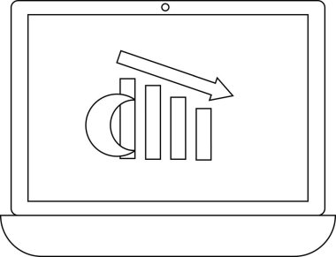 Bir dizüstü bilgisayar, finansal kaybı veya performanstaki düşüşü sembolize eden, aşağı doğru eğilimli bir grafiği gösterir. Çizim basit ve net..