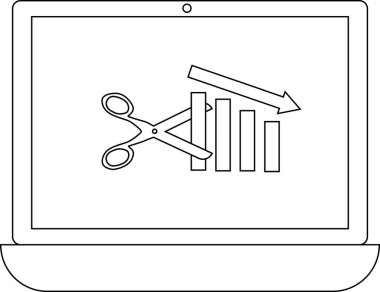 Bir dizüstü bilgisayar ekranında, bir grafiği kesen makaslar, iş dünyasındaki maliyet düşüşünü ve mali zorlukları simgeliyor. Aşağı doğru ok negatif eğilimleri gösterir.