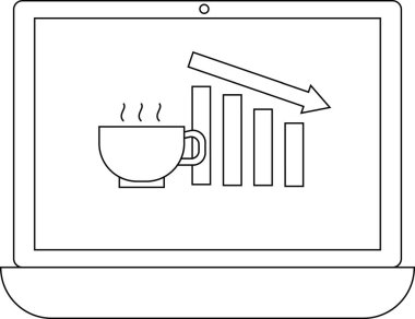 Bir dizüstü bilgisayar bir kahve fincanı ve aşağıya bakan bir ok ile azalan bir çubuk grafiğini gösterir, bu da potansiyel iş zorluklarını sembolize eder.