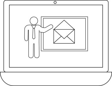 Bir dizüstü bilgisayar, bir zarf simgesi ve bir sunucu simgesinin yer aldığı bir e-posta pazarlama sunumunu gösterir. Görüntü siyah beyaz..
