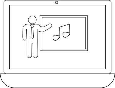 Bir dizüstü bilgisayar ekranı, dijital öğrenme ve müzik eğitimini sembolize eden bir müzik notasını sunan bir eğitmenin yer aldığı çevrimiçi müzik dersi gösterir..