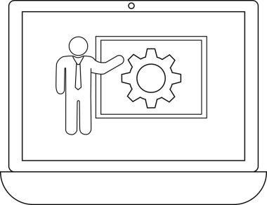Bilgisayar ekranında bir vites mekanizması sunan kişinin basit bir çizimi teknoloji ve eğitimi sembolize ediyor..