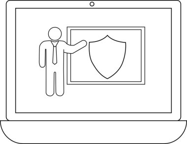 Bir dizüstü bilgisayar ekranında bir kalkan simgesi sunan, dijital koruma ve siber güvenlik eğitimini sembolize eden bir kişiyle güvenlik eğitimi oturumu görüntülenir.