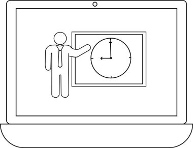 Bilgisayarda saat sunan bir kişinin canlandırması, çevrimiçi zaman yönetimi eğitimini temsil ediyor.