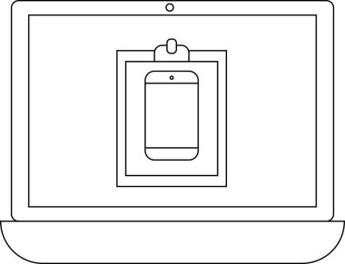 Bir dizüstü bilgisayar ekranında, basit ve temiz bir sanat tarzıyla tasvir edilmiş bir akıllı telefonu bir panoda gösterir. Teknoloji, iş ve iletişim kavramları için ideal.