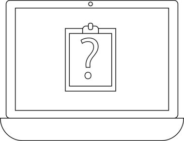 Bir dizüstü bilgisayar ekranında soru işareti olan bir pano simgesi gösterilir, belirsizlik, soruşturma veya bilgiye duyulan ihtiyacı simgeler.