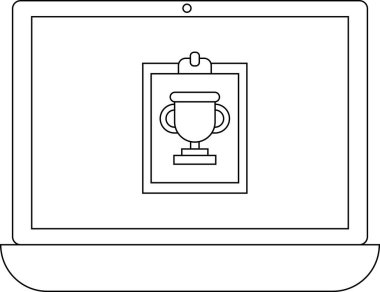 Bir dizüstü bilgisayar ekranında, başarıyı, başarıyı ve dijital formatta tanınmayı sembolize eden bir kupa simgesi gösterilir. Resim çevrimiçi başarıları temsil ediyor.
